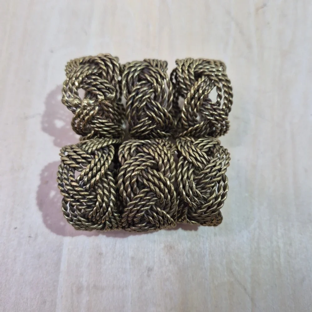 Vintage Set of‎ 6 Braided Knot Napkin Rings Antique Brass Twisted Wire